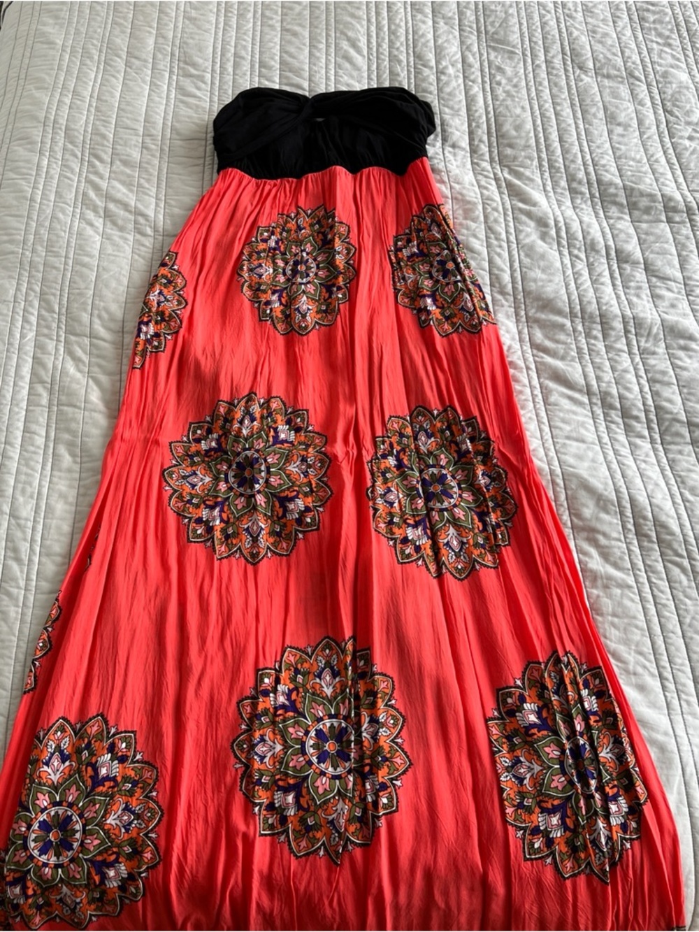 Strapless Maxi Dress with Black Bust and Floral Medallions
